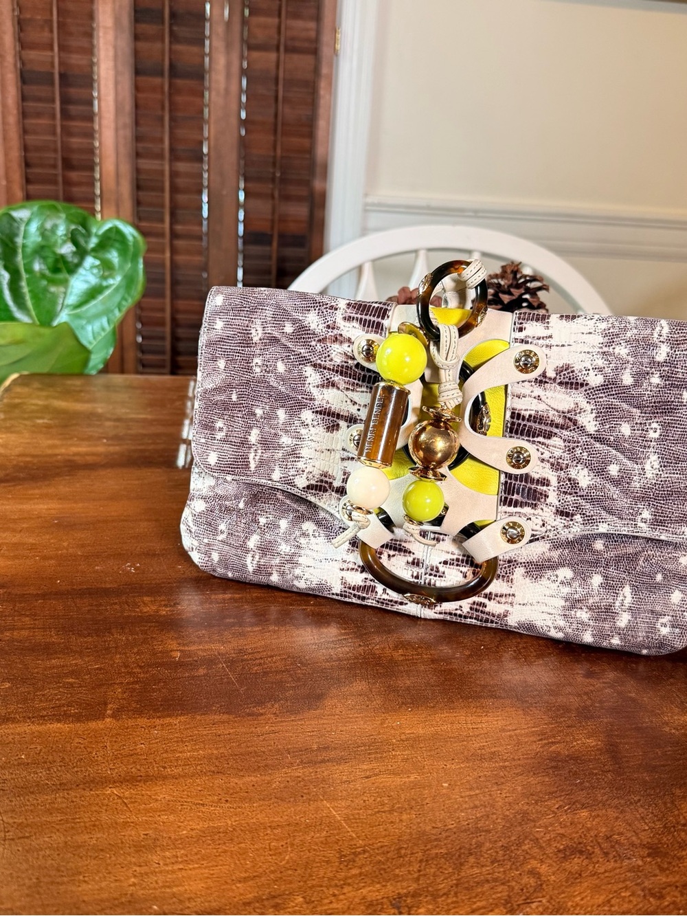 Henri Bendel Snake Embossed Leather Bag Clutch Oversized Gold Hardware RARE